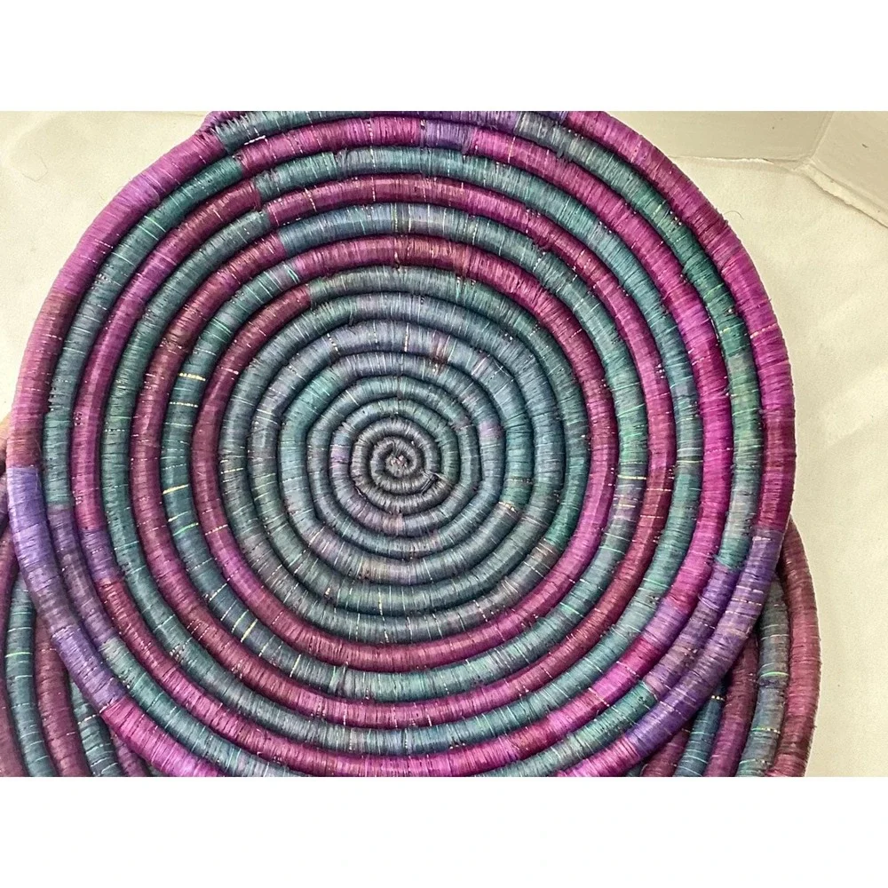 Set of 2 Handcrafted Woven Wall Baskets Purple Teal Boho Spiral Coiled Plates 10